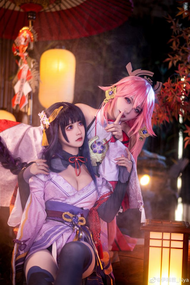原神cosplay | coser桃景三酪&伊喵君_Nya化身雷电将军和八重神子(原神下载)插图1